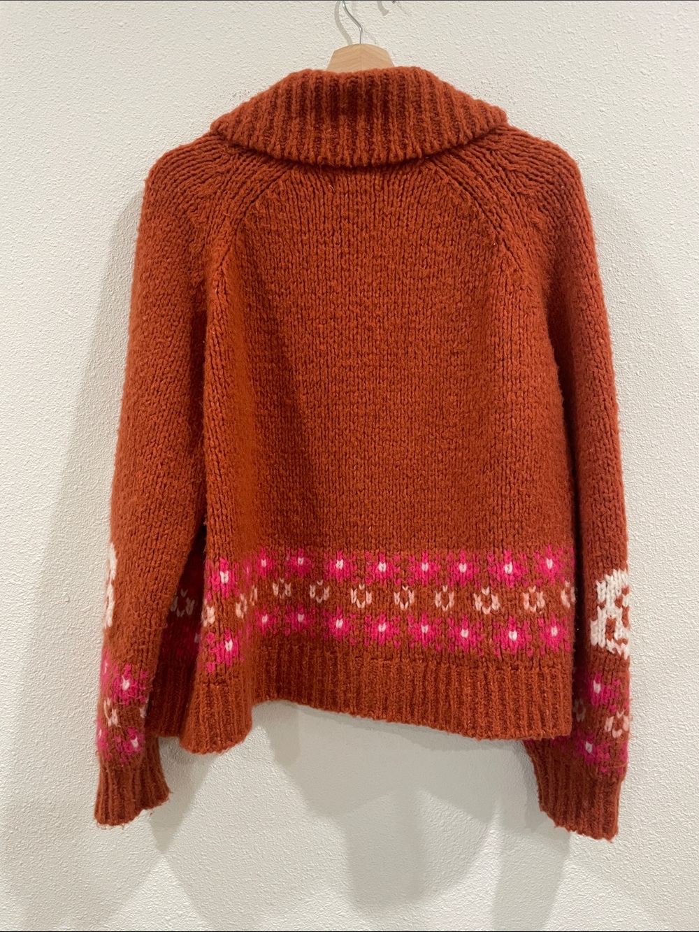 Anthropologie Swan Intarsia Zip Cardigan Rust Wool Blend Novelty Sweater Jacket - Picture 13 of 16